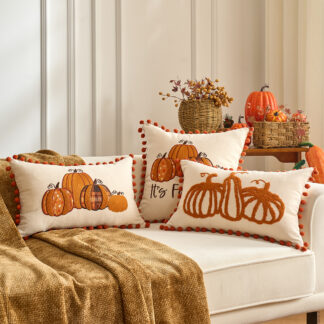 Autumn Pumpkin Embroidered Cushion Covers with Ruffles – Fall Decor