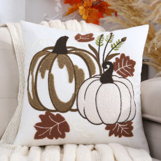 Velvet Pumpkin Embroidered Cushion Cover 18x18 Inch - Festive Fall Decor