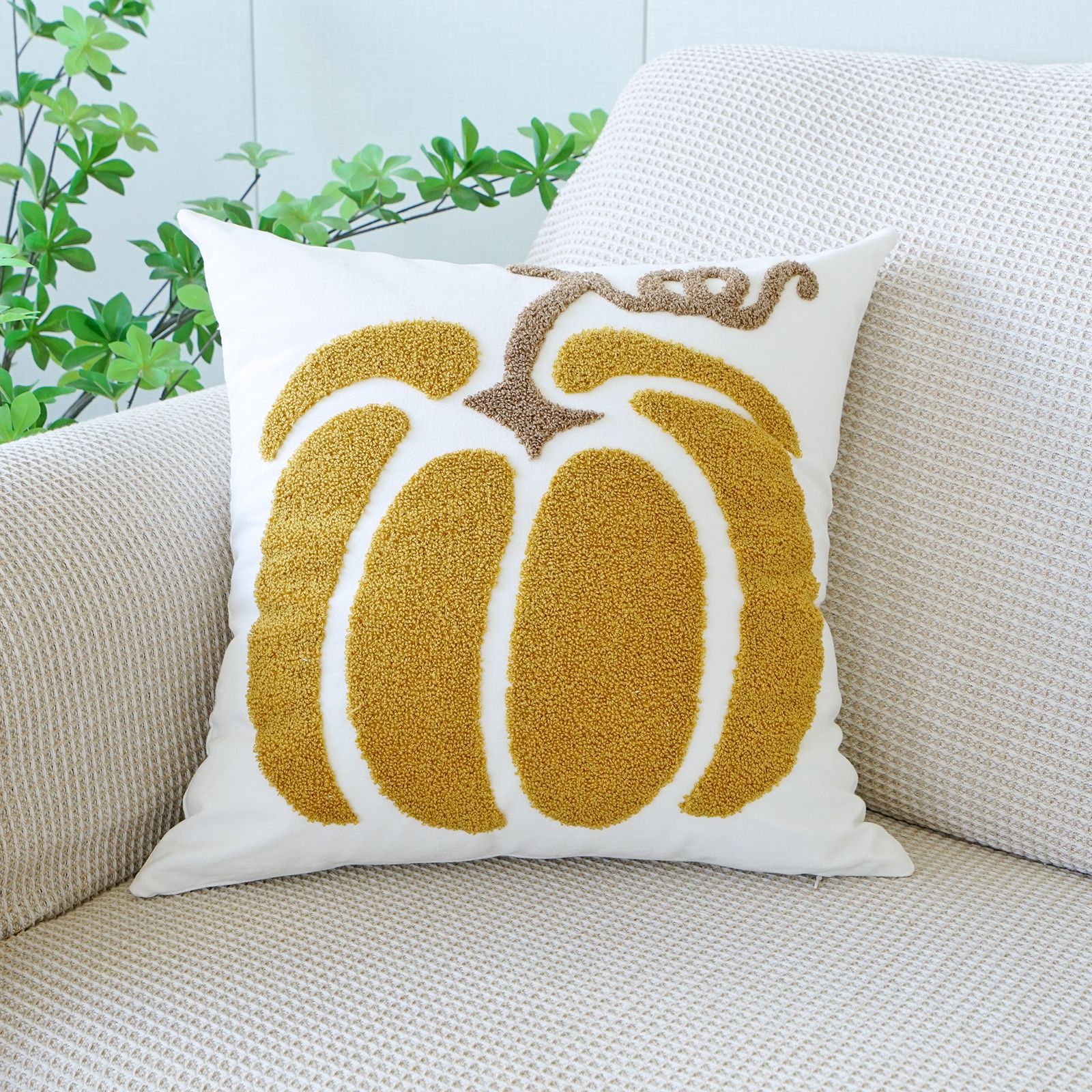 Embroidered Pumpkin Cotton Pillow Cover – 18x18in Autumn Cushion Case - Image 4