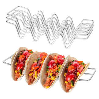 4PCS Stainless Steel Taco Holder Stand with Sauce Cup – Wave Design Rack for Tacos & Tortillas