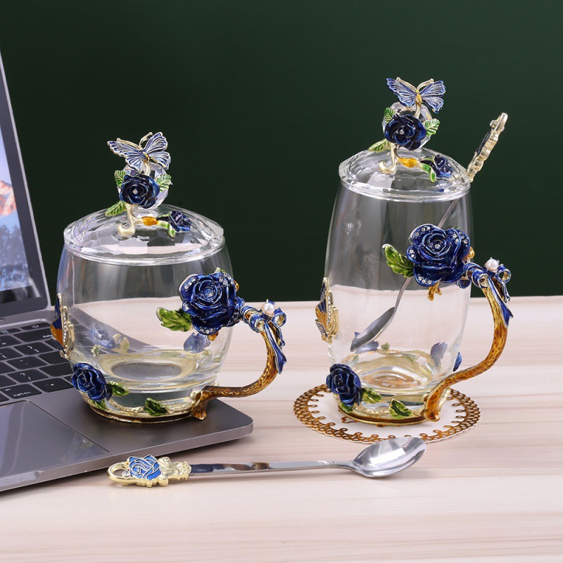 Elegant Enamel Flower Glass Mug with Lid - Image 2