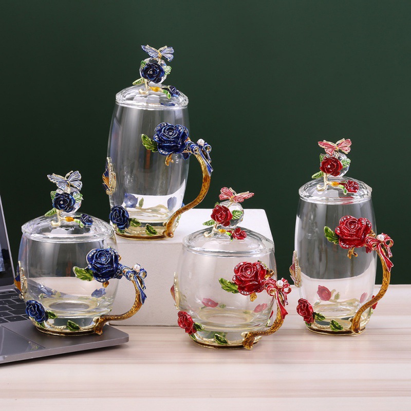 Elegant Enamel Flower Glass Mug with Lid