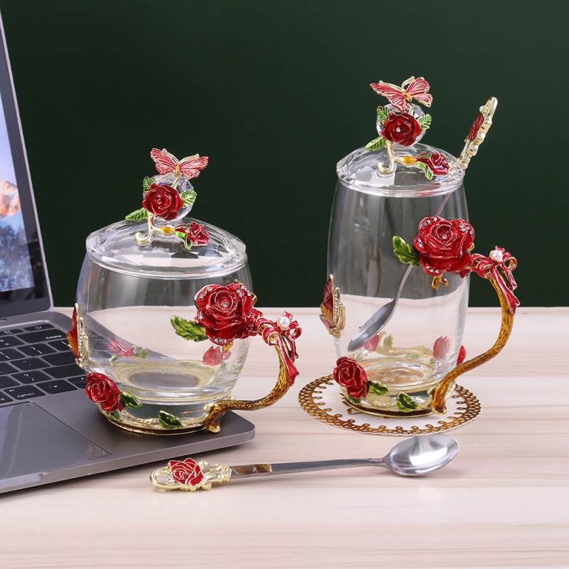 Elegant Enamel Flower Glass Mug with Lid - Image 3