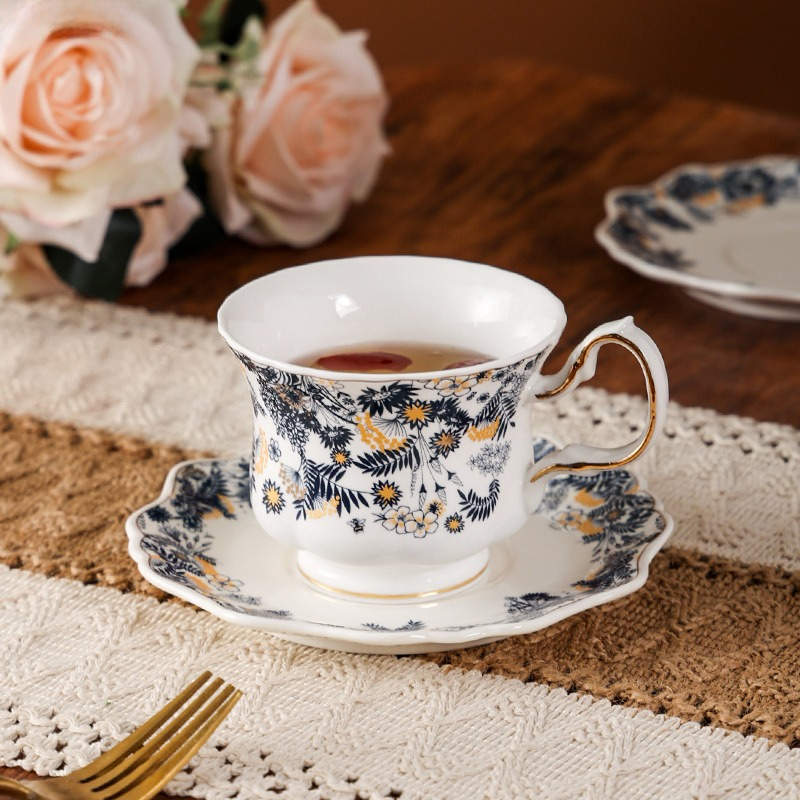 Elegant Painted Flower Porcelain Mug & Saucer with Golden Edge - Image 5