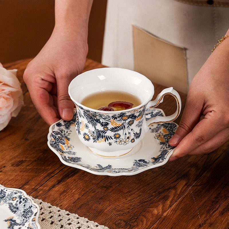 Elegant Painted Flower Porcelain Mug & Saucer with Golden Edge - Image 2