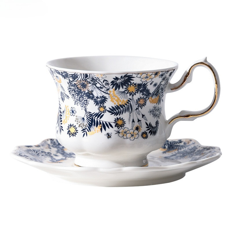 Elegant Painted Flower Porcelain Mug & Saucer with Golden Edge