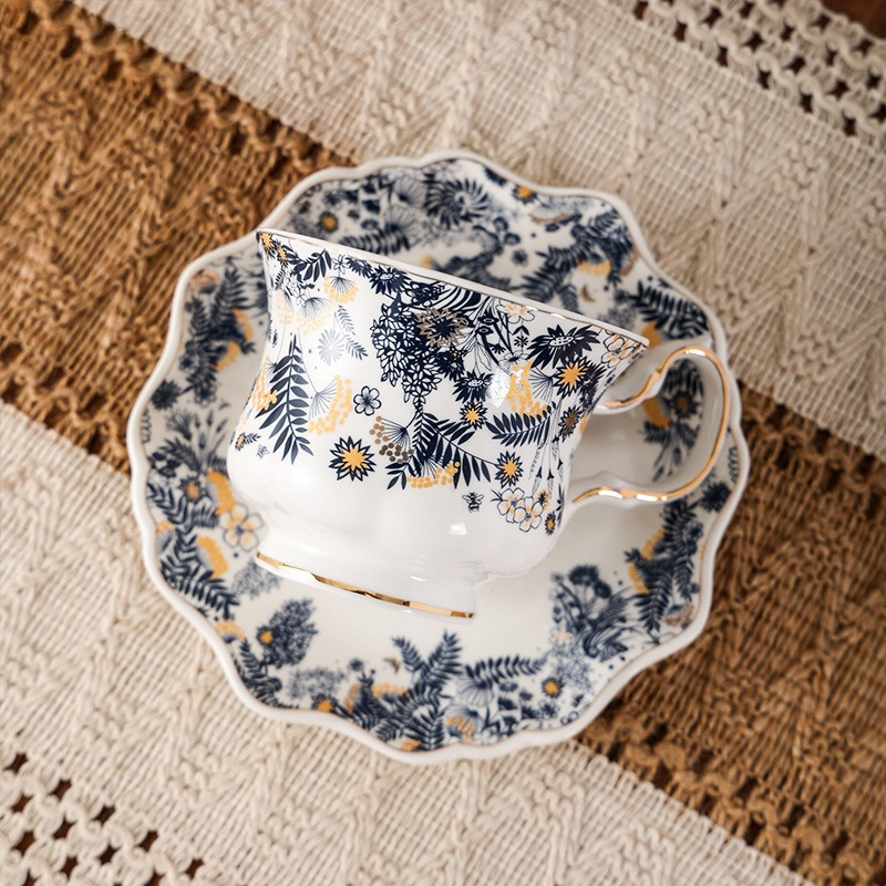 Elegant Painted Flower Porcelain Mug & Saucer with Golden Edge - Image 3