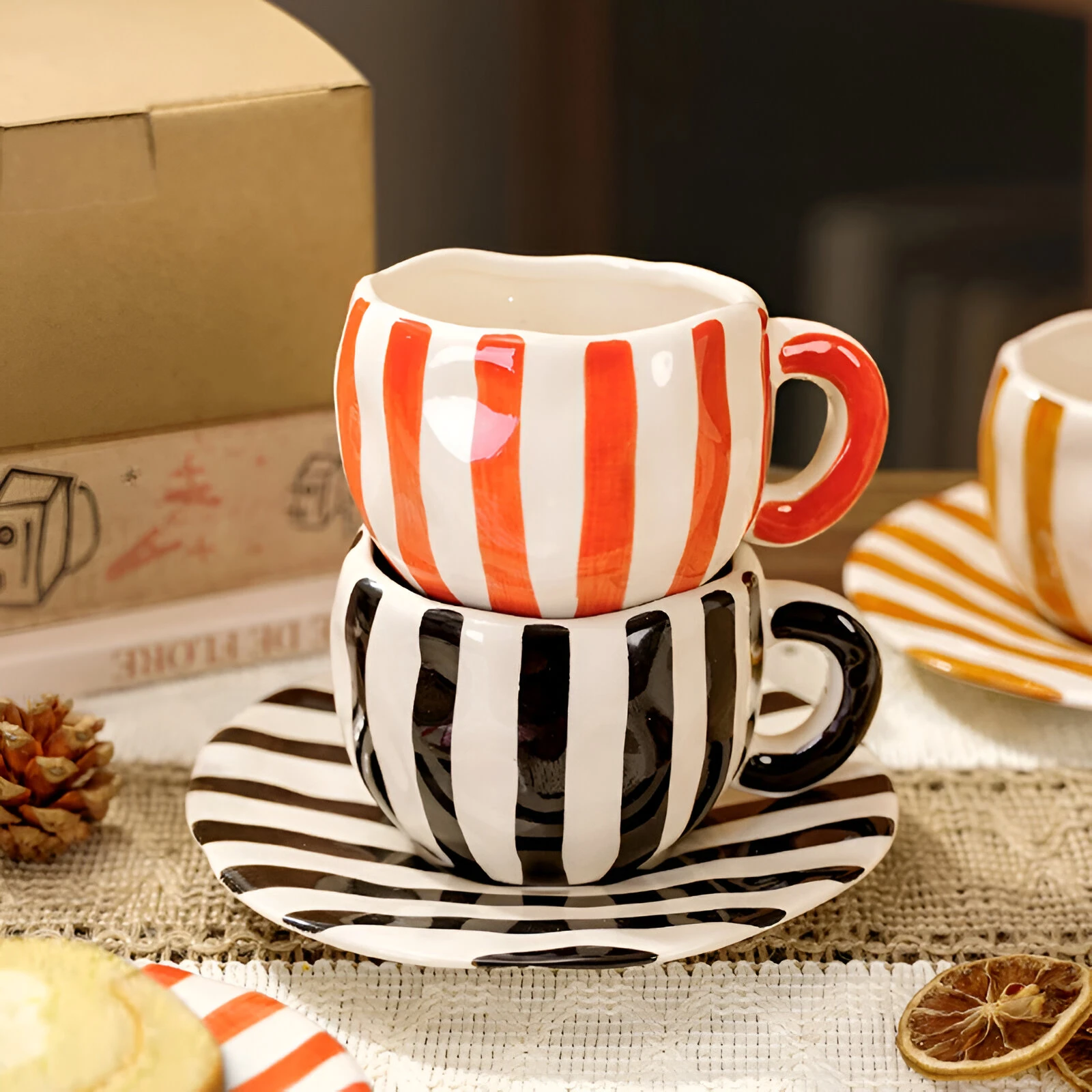 European Ceramic Striped Coffee Cup & Saucer – Elegant Camellia Tea Mug - Image 3