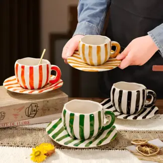 European Ceramic Striped Coffee Cup & Saucer – Elegant Camellia Tea Mug