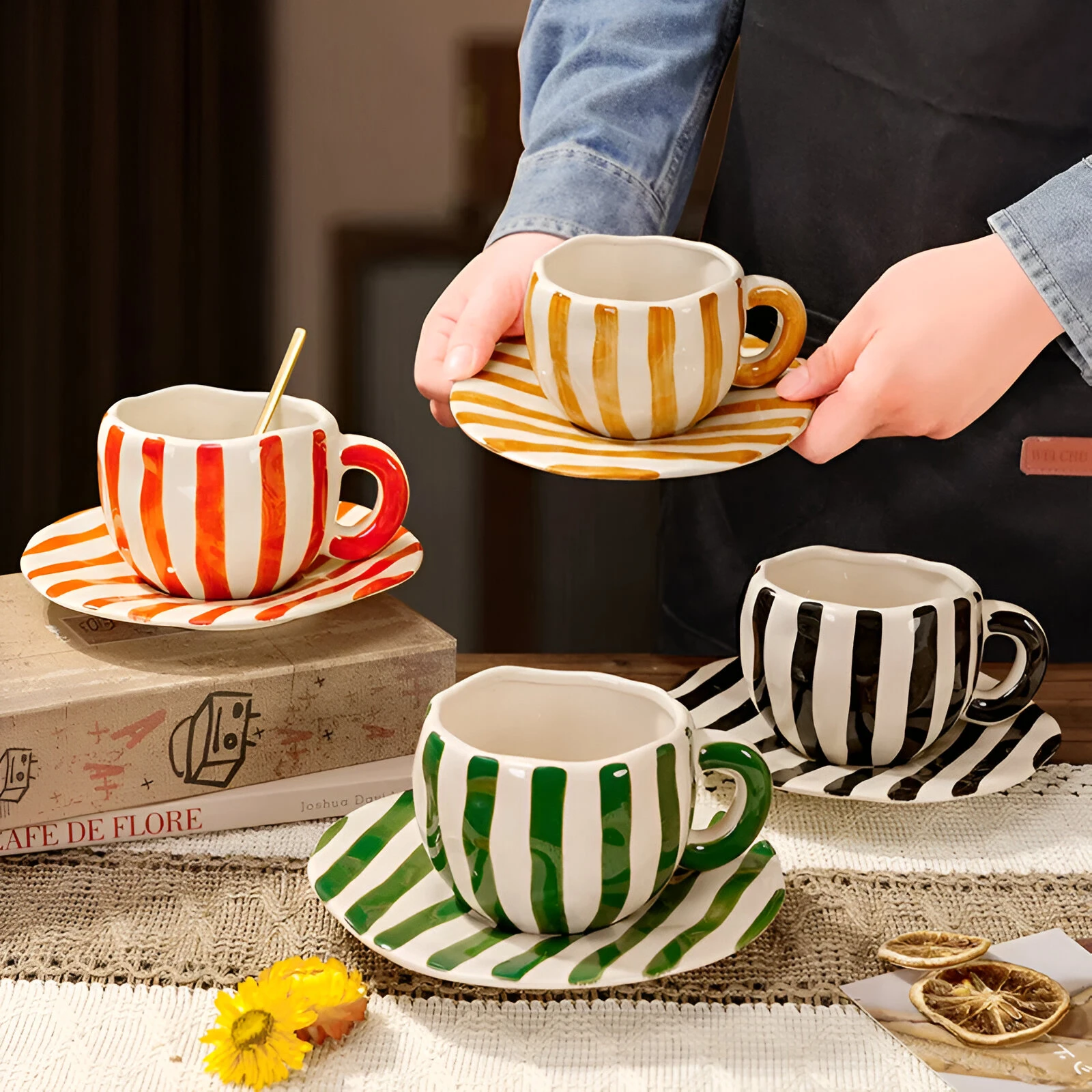 European Ceramic Striped Coffee Cup & Saucer – Elegant Camellia Tea Mug