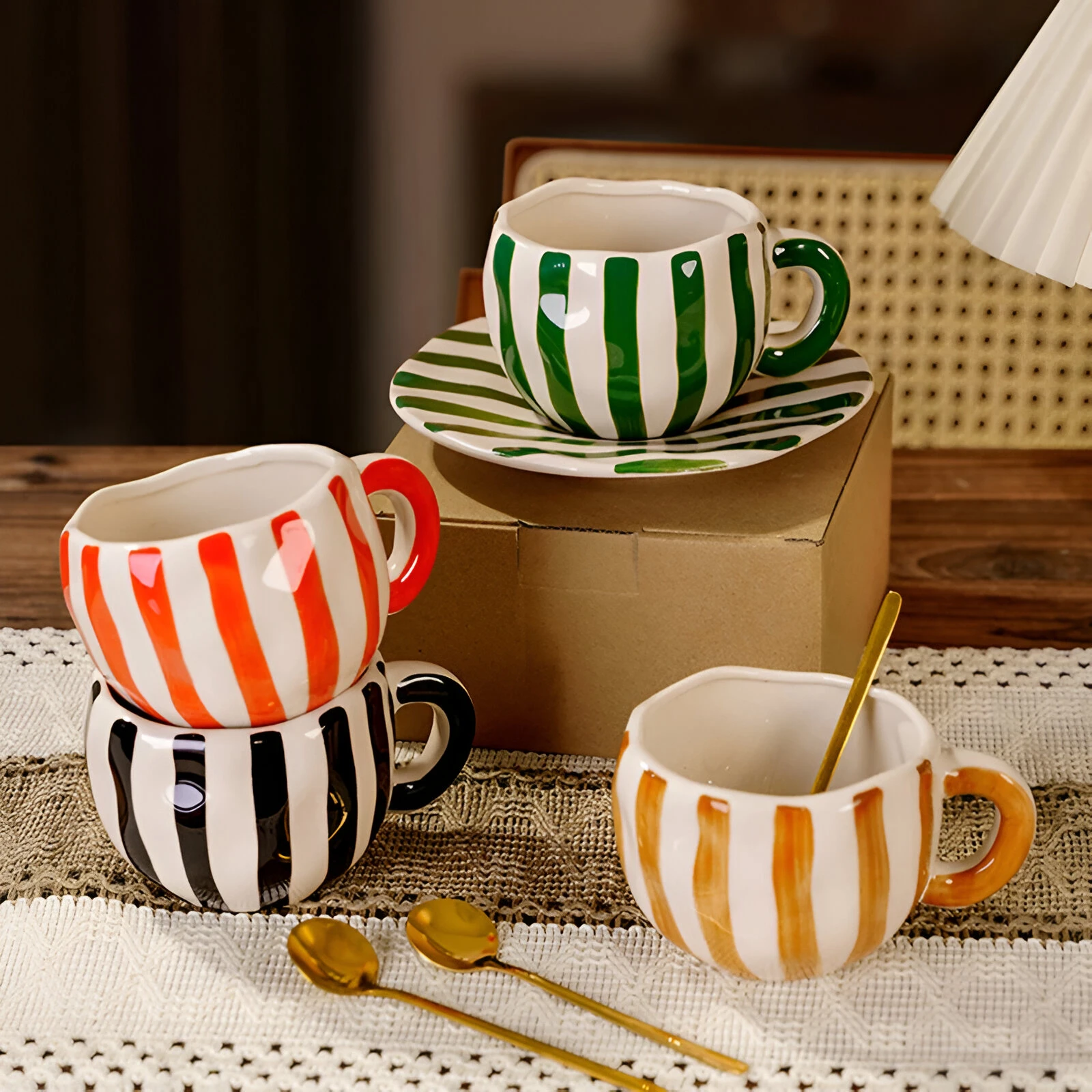 European Ceramic Striped Coffee Cup & Saucer – Elegant Camellia Tea Mug - Image 2