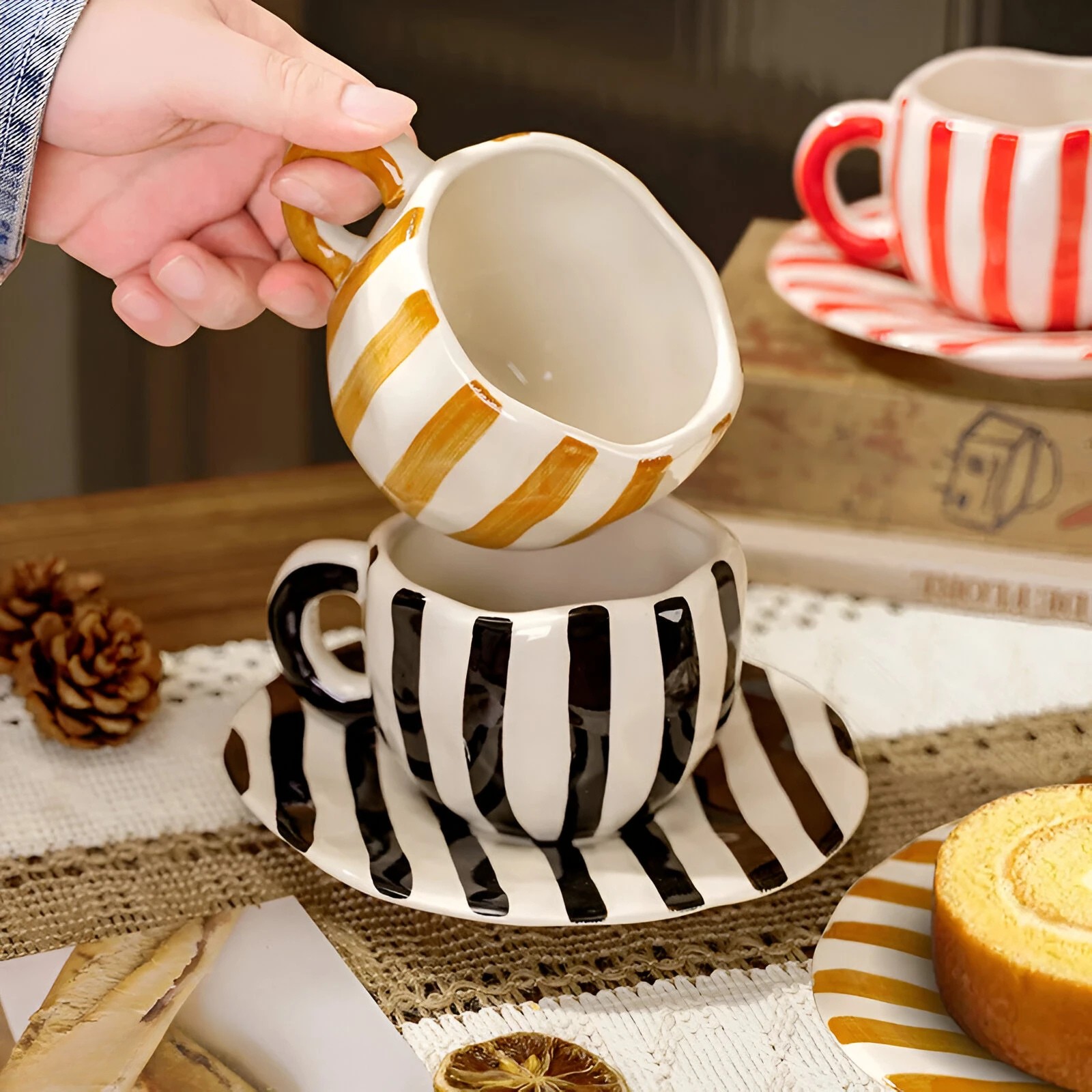 European Ceramic Striped Coffee Cup & Saucer – Elegant Camellia Tea Mug - Image 4