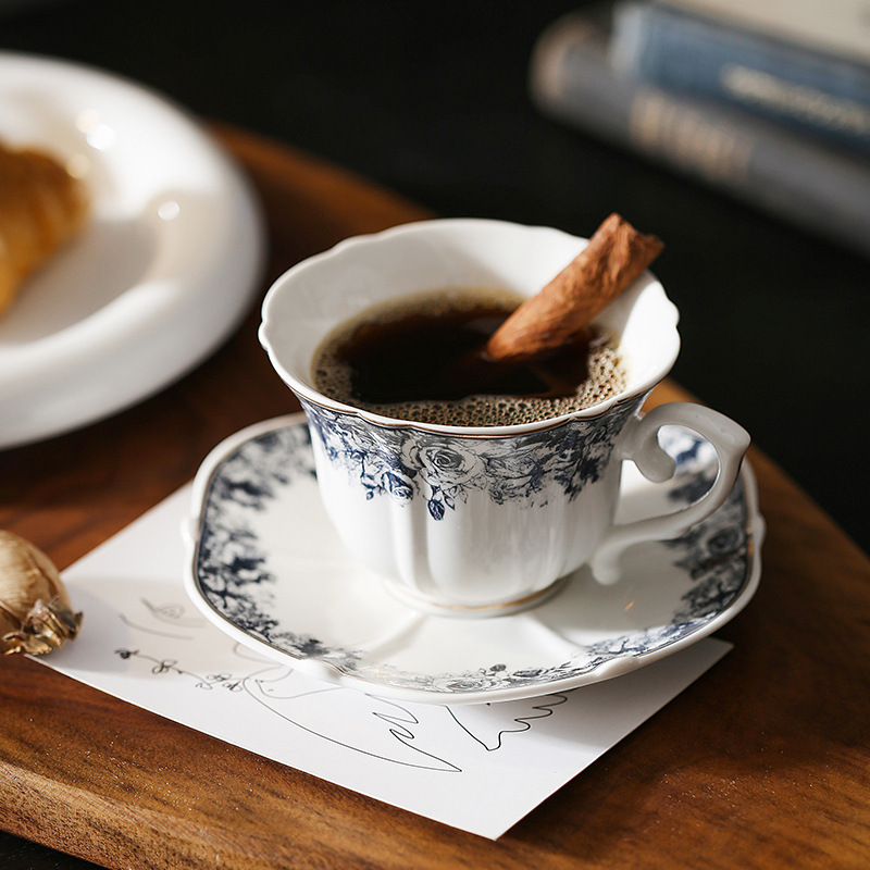Elegant Nordic Blue & White Porcelain Coffee Mug with Gold Rim - Image 2
