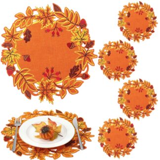 Embroidered Maple Leaf Placemats for Fall & Thanksgiving Decor, Set of 4/6