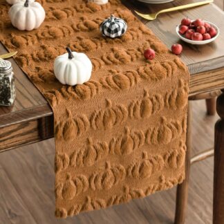 Soft Plush Faux Fur Pumpkin Jacquard Table Runner for Fall Decor