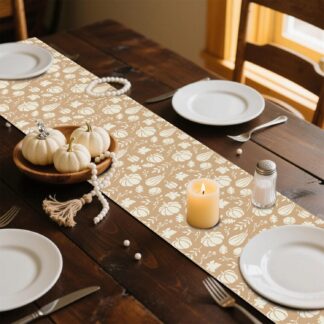 Bohemian Autumn Leaves Table Runner – Warm Brown & White Natural Decor