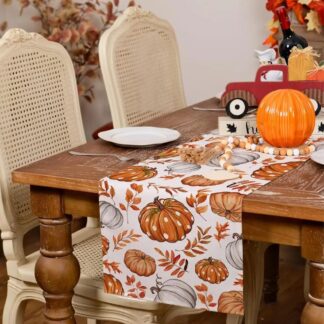 Fall Linen Table Runner with Pumpkin & Maple Leaves – Orange Autumn Farmhouse Décor