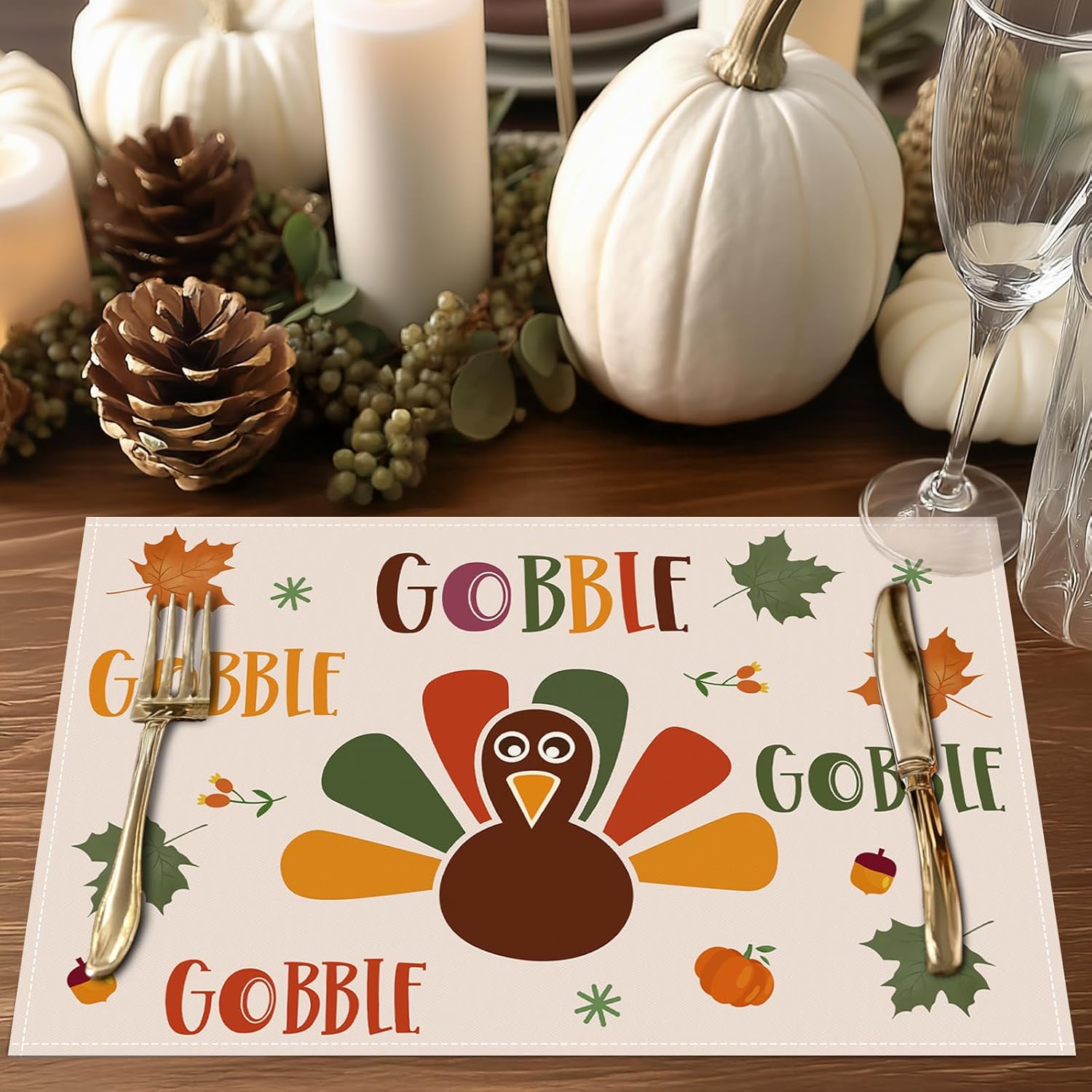 Thanksgiving Turkey Placemats with Autumn Maple Leaves – Washable Table Mats - Image 2