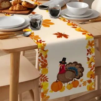 Fall Thanksgiving Table Runner with Turkey & Maple Leaves – Autumn Harvest Décor