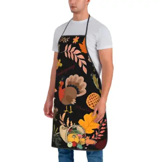 Thanksgiving Turkey & Autumn Leaves Adjustable Kitchen Apron – Unisex Heavy-Duty Cooking Wear