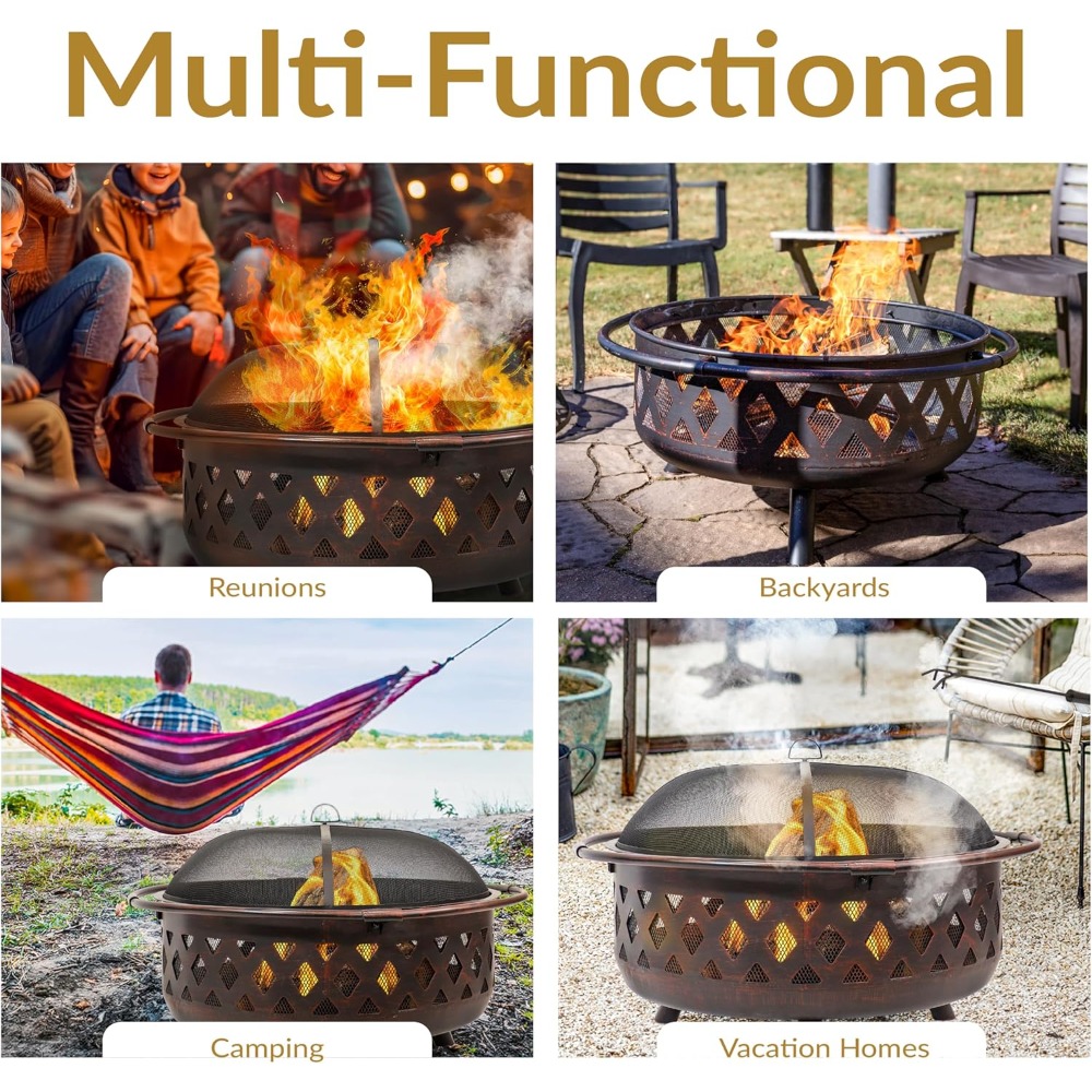 36-Inch Bronze Crossweave Outdoor Fire Pit with Screen & Cover - Image 4