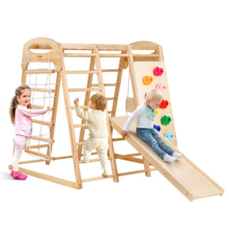 7-in-1 Indoor Wooden Jungle Gym for Toddlers with Slide, Swing & Climbing Wall