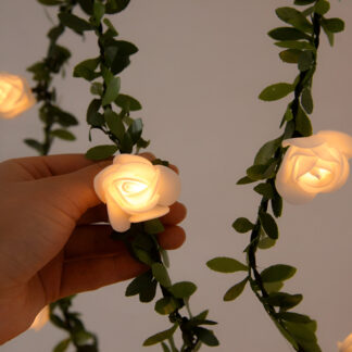 Rose Flower LED Fairy String Lights with Green Leaf Rattan Garland – Perfect for Weddings, Parties, and Home Decor