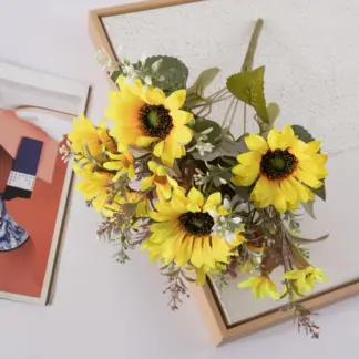 Vibrant Artificial Sunflowers with Stems – 6 Head Faux Flower Bouquet for Home & Wedding Décor