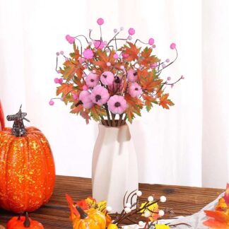 Artificial Fall Pumpkin Picks with Maple Leaves - Seasonal Decor Accents