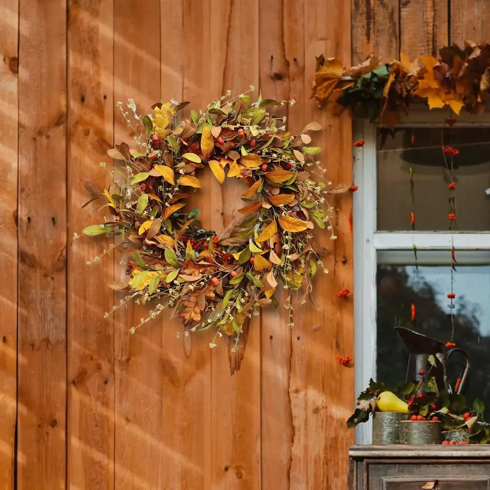 Autumn Harvest Wreath with Pumpkins, Berries & Fall Leaves - Image 3