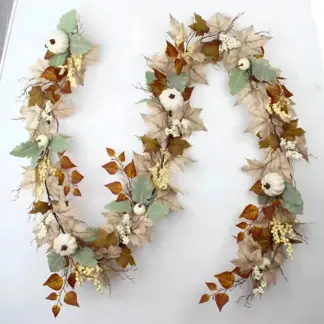 Autumn Harvest Garland with White Pumpkins, Berries & Maple Leaves – 70 Inch Fall Decor