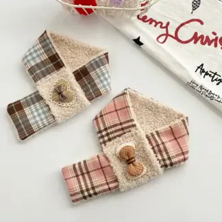 Cozy Plaid Pet Scarf with Bow – Soft Lambskin Collar for Small Dogs & Cats