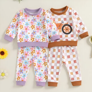 Toddler Girls Fall Outfit Set – Plaid & Floral Print Sweatshirt with Elastic Pants