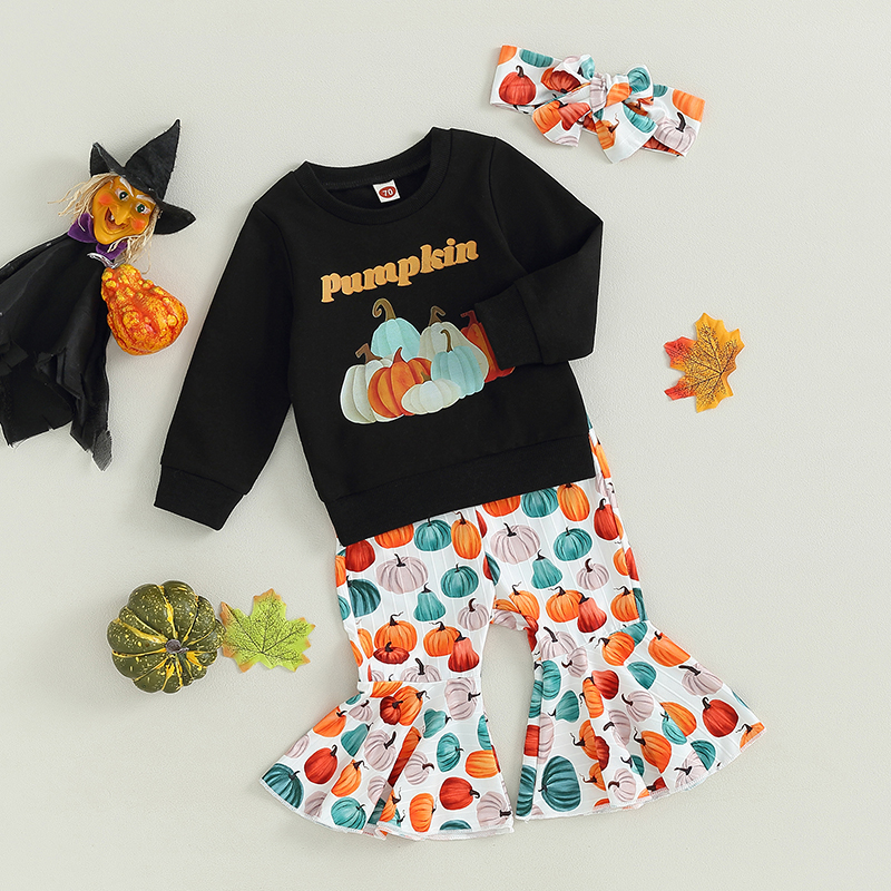 Adorable 3-Piece Baby Girls Outfit Set - Pumpkin Print & Headband - Image 3
