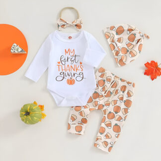 Baby Thanksgiving Outfit Set – Long Sleeve Romper, Pumpkin Pants & Hat