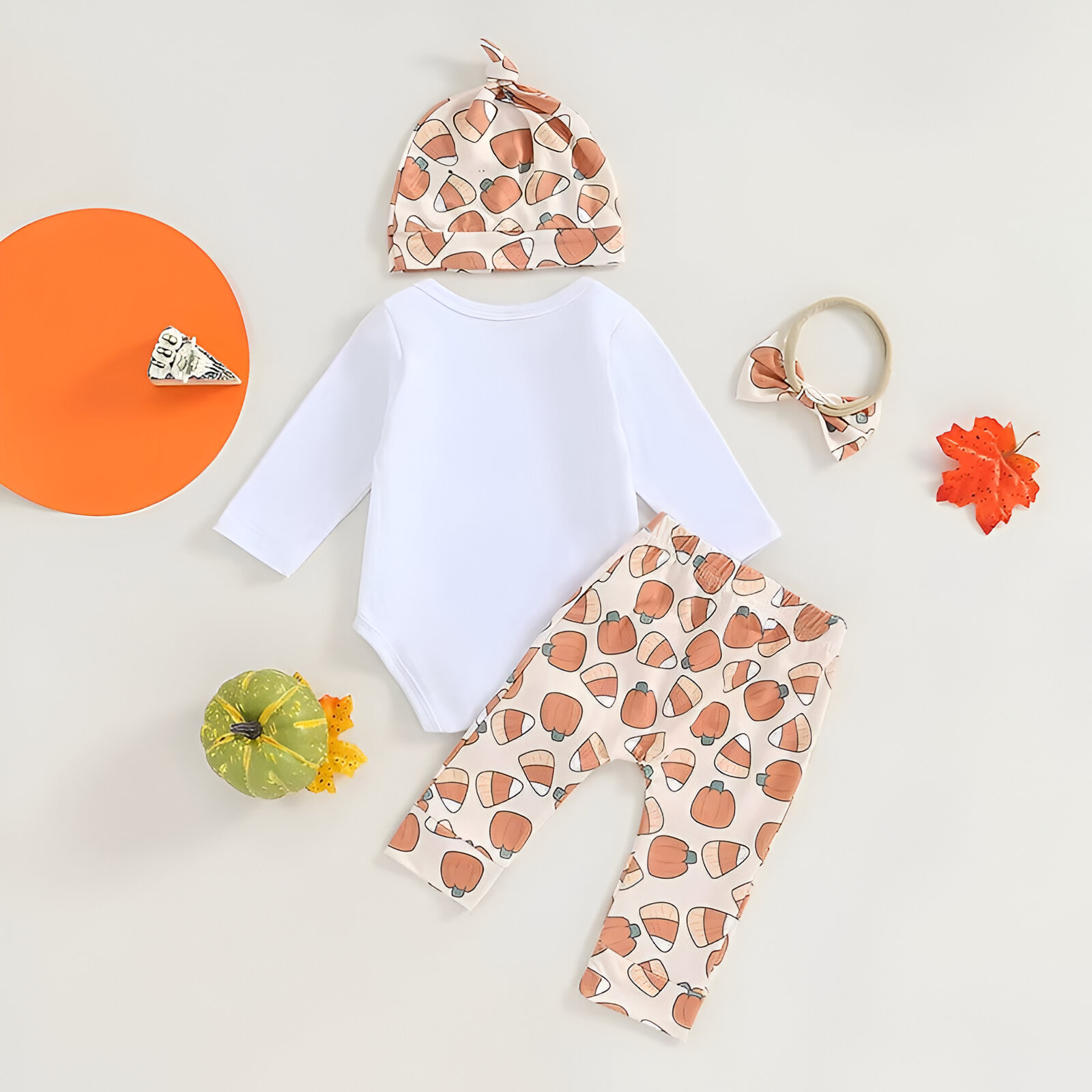 Baby Thanksgiving Outfit Set – Long Sleeve Romper, Pumpkin Pants & Hat - Image 2