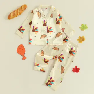 Girls Thanksgiving Turkey Print Pajama Set – Long Sleeve Button-Up Sleepwear