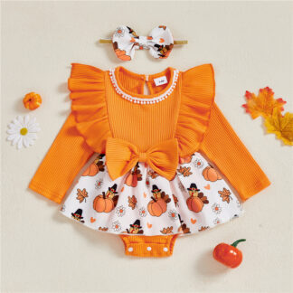 Baby Girl Thanksgiving Outfit 2PCS Turkey Print Romper with Headband