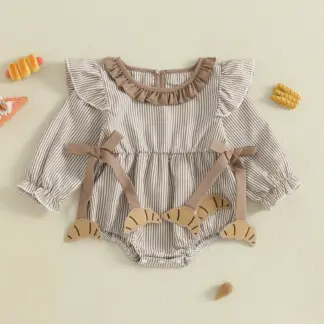 Newborn Baby Girl Thanksgiving Romper – Striped Long Sleeve Ruffle Bodysuit