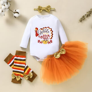 Baby Girl Thanksgiving Outfit – Turkey Print Romper, Tulle Skirt, Headband & Socks Set