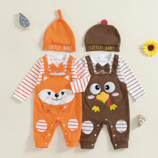 Baby Thanksgiving Romper with Turkey Embroidery & Hat - Long Sleeve Striped Jumpsuit