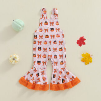 Toddler Girls Pumpkin Bow Flare Overalls Romper Jumpsuit