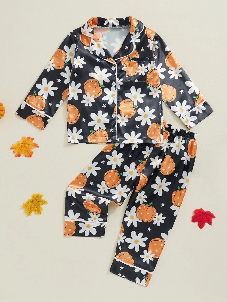 Girls Pajama Set – Long Sleeve Floral Pumpkin Print Sleepwear - Image 2