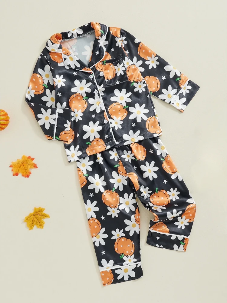 Girls Pajama Set – Long Sleeve Floral Pumpkin Print Sleepwear - Image 3