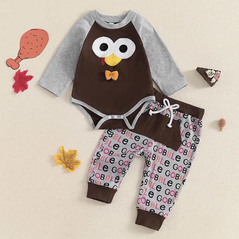 Baby Thanksgiving Outfit Set – Turkey Embroidery Romper & Letter Print Pants