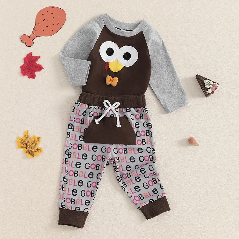 Baby Thanksgiving Outfit Set – Turkey Embroidery Romper & Letter Print Pants - Image 2