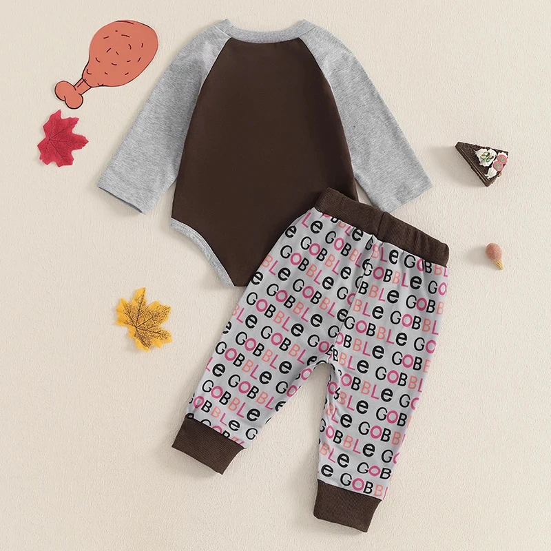 Baby Thanksgiving Outfit Set – Turkey Embroidery Romper & Letter Print Pants - Image 3