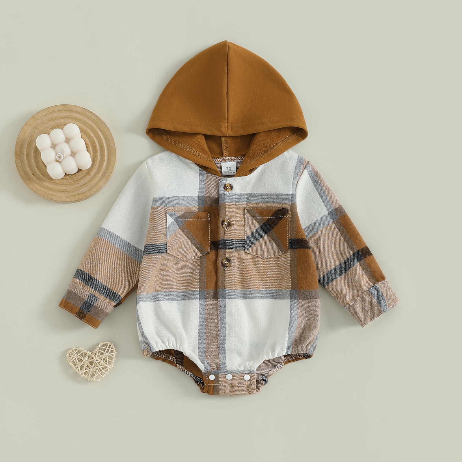 Infant Baby Boys Plaid Hooded Romper - Long Sleeve Fall Jumpsuit - Image 2