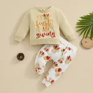 Baby Thanksgiving 2-Piece Outfit - Cute Turkey Print Sweatshirt & Pants Set