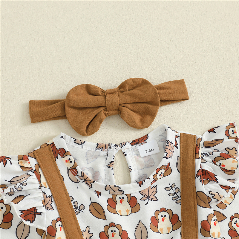 Baby Girl Thanksgiving Romper with Turkey Embroidery & Headband Set - Image 5